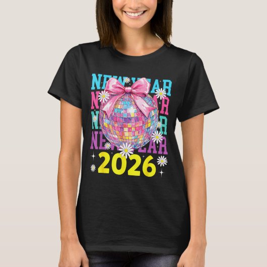 Happy New Year 2026 Coquette Bow &amp; Disco Ball  T-shirt (Voorkant)