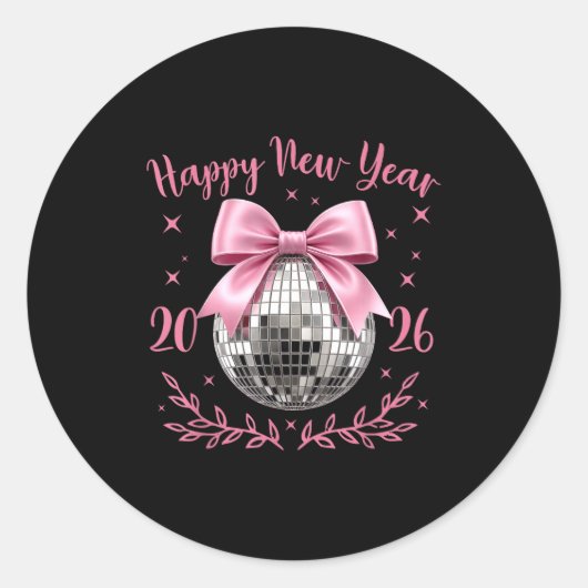 Happy New Year 2026 Coquette Nk Bow Disco Ball Wom Ronde Sticker (Voorkant)