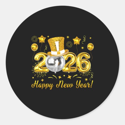 Happy New Year 2026 Countdown Party Balloons Firew Ronde Sticker (Voorkant)