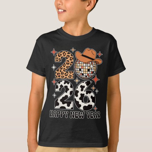 Happy New Year 2026 Cowgirl Disco Ball Western Leo T-shirt (Voorkant)