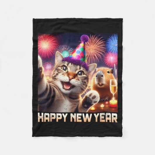 Happy New Year 2026 Cute Cat Capybara Party Art  Fleece Deken (Voorkant)