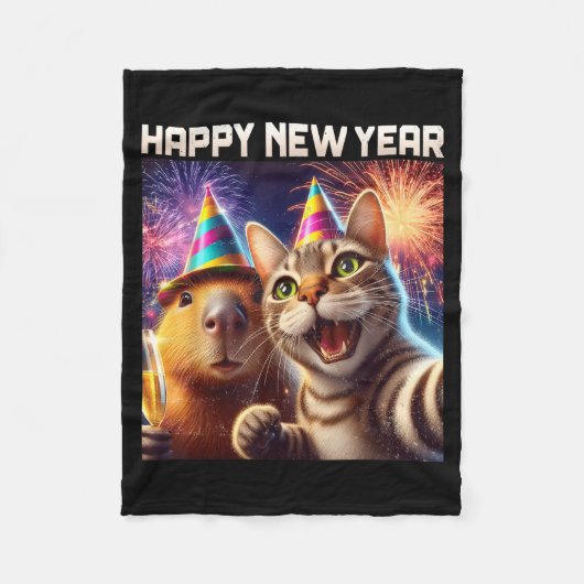 Happy New Year 2026 Cute Cat Capybara Party Art  Fleece Deken (Voorkant)