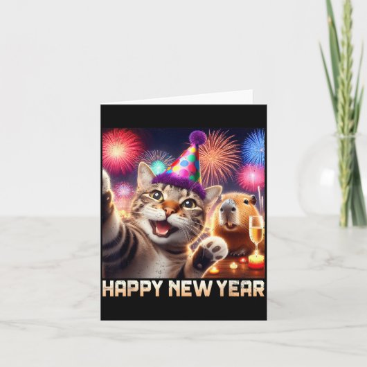 Happy New Year 2026 Cute Cat Capybara Party Art  Kaart (Voorkant)