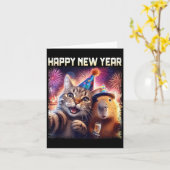Happy New Year 2026 Cute Cat Capybara Party Art  Kaart (Gele Bloem)