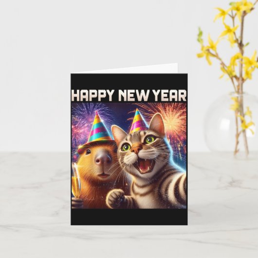 Happy New Year 2026 Cute Cat Capybara Party Art  Kaart (Gele Bloem)