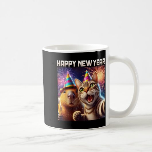 Happy New Year 2026 Cute Cat Capybara Party Art  Koffiemok (Rechts)