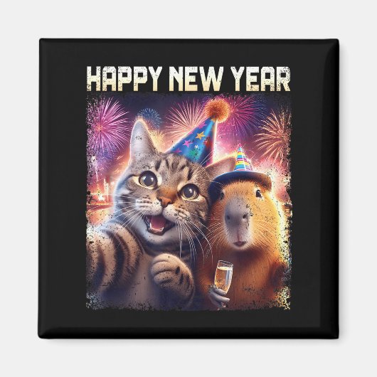 Happy New Year 2026 Cute Cat Capybara Party Art  Magneet (Voorkant)