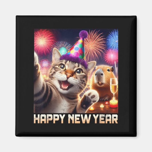 Happy New Year 2026 Cute Cat Capybara Party Art  Magneet (Voorkant)