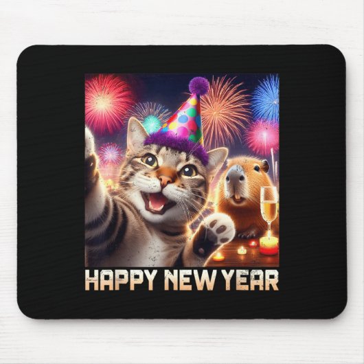 Happy New Year 2026 Cute Cat Capybara Party Art Muismat (Voorkant)