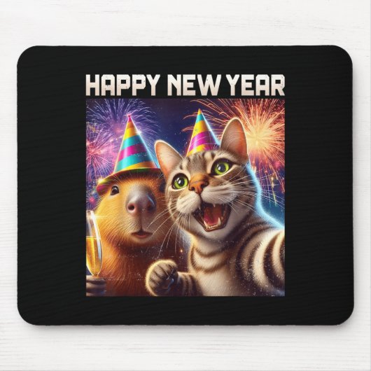 Happy New Year 2026 Cute Cat Capybara Party Art  Muismat (Voorkant)
