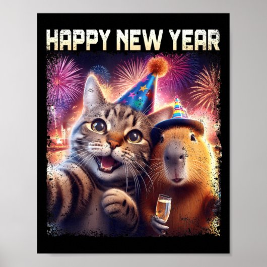 Happy New Year 2026 Cute Cat Capybara Party Art  Poster (Voorkant)