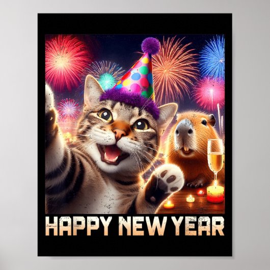 Happy New Year 2026 Cute Cat Capybara Party Art  Poster (Voorkant)