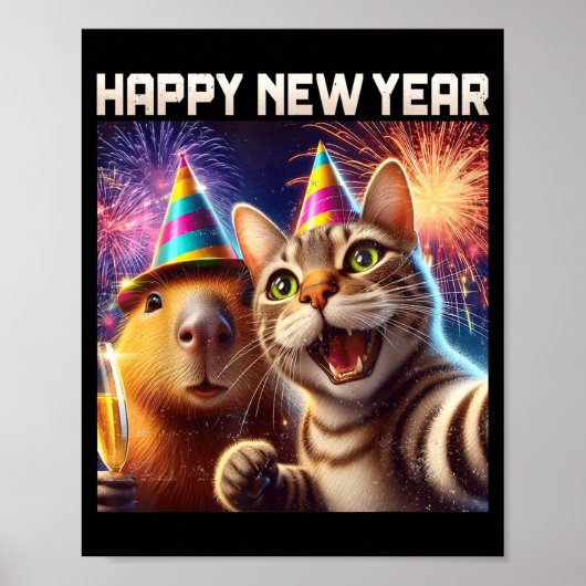 Happy New Year 2026 Cute Cat Capybara Party Art Poster (Voorkant)