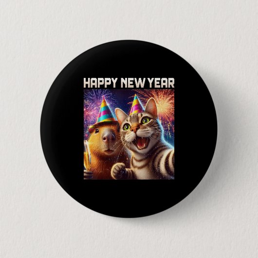 Happy New Year 2026 Cute Cat Capybara Party Art  Ronde Button 5,7 Cm (Voorkant)