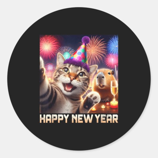 Happy New Year 2026 Cute Cat Capybara Party Art Ronde Sticker (Voorkant)