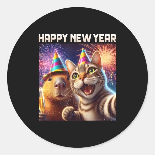 Happy New Year 2026 Cute Cat Capybara Party Art Ronde Sticker (Voorkant)