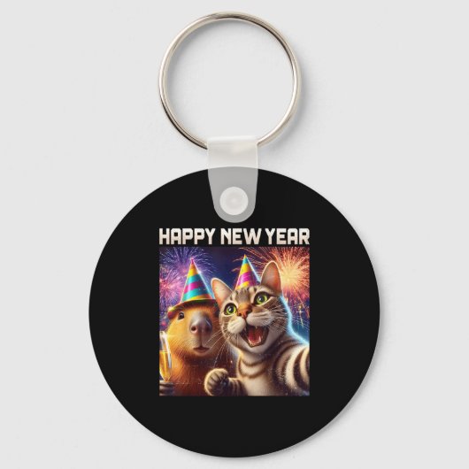 Happy New Year 2026 Cute Cat Capybara Party Art  Sleutelhanger (Voorkant)