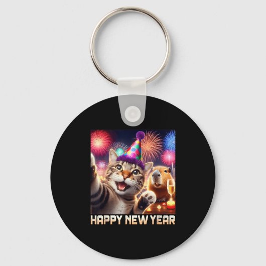 Happy New Year 2026 Cute Cat Capybara Party Art Sleutelhanger (Voorkant)