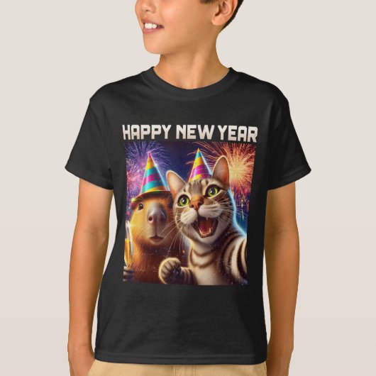 Happy New Year 2026 Cute Cat Capybara Party Art  T-shirt (Voorkant)