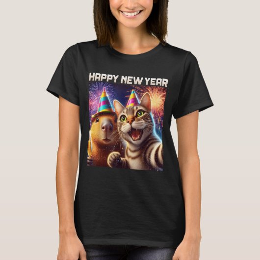 Happy New Year 2026 Cute Cat Capybara Party Art  T-shirt (Voorkant)
