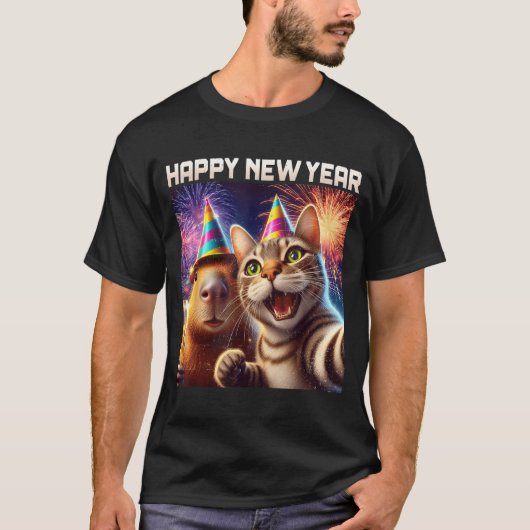 Happy New Year 2026 Cute Cat Capybara Party Art  T-shirt (Voorkant)