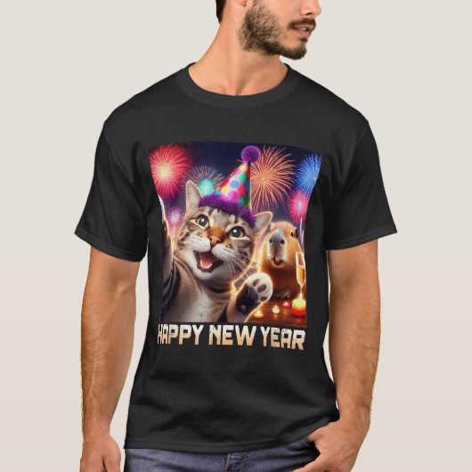 Happy New Year 2026 Cute Cat Capybara Party Art  T-shirt (Voorkant)