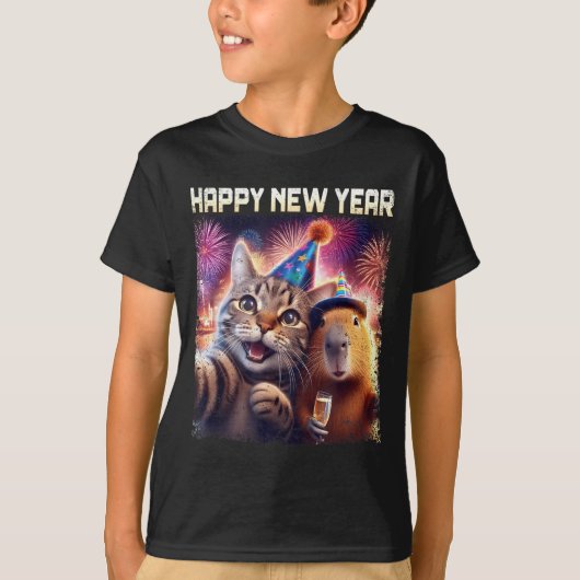 Happy New Year 2026 Cute Cat Capybara Party Art  T-shirt (Voorkant)