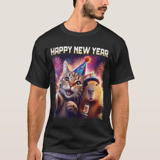 Happy New Year 2026 Cute Cat Capybara Party Art  T-shirt (Voorkant)