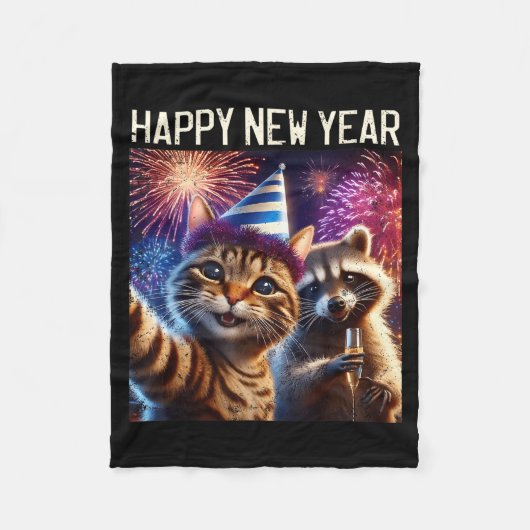 Happy New Year 2026 Cute Cat Raccoon Celebration  Fleece Deken (Voorkant)