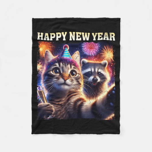 Happy New Year 2026 Cute Cat Raccoon Celebration  Fleece Deken (Voorkant)