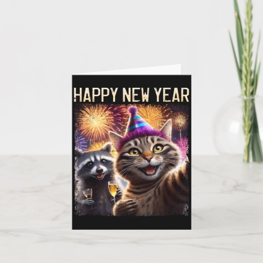 Happy New Year 2026 Cute Cat Raccoon Celebration  Kaart (Voorkant)