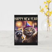 Happy New Year 2026 Cute Cat Raccoon Celebration  Kaart (Gele Bloem)