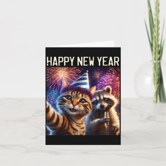 Happy New Year 2026 Cute Cat Raccoon Celebration  Kaart (Voorkant)
