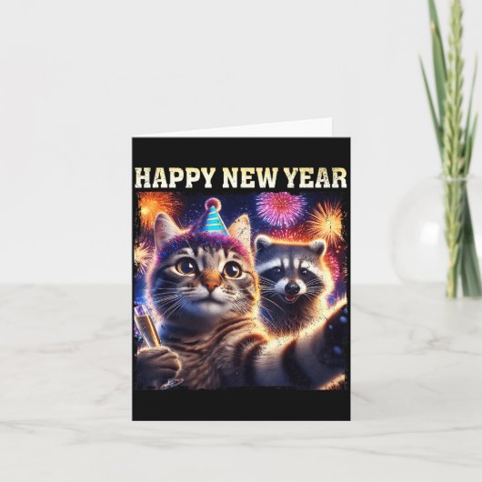 Happy New Year 2026 Cute Cat Raccoon Celebration  Kaart (Voorkant)