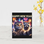 Happy New Year 2026 Cute Cat Raccoon Celebration  Kaart (Gele Bloem)