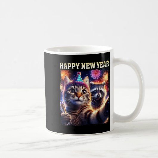 Happy New Year 2026 Cute Cat Raccoon Celebration  Koffiemok (Rechts)