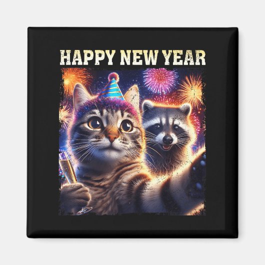 Happy New Year 2026 Cute Cat Raccoon Celebration  Magneet (Voorkant)