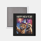 Happy New Year 2026 Cute Cat Raccoon Celebration  Magneet (Voorkant / Achterkant)