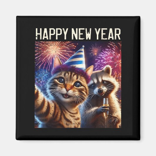 Happy New Year 2026 Cute Cat Raccoon Celebration  Magneet (Voorkant)