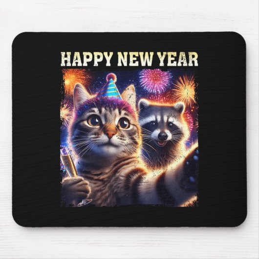 Happy New Year 2026 Cute Cat Raccoon Celebration Muismat (Voorkant)