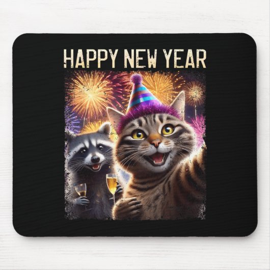 Happy New Year 2026 Cute Cat Raccoon Celebration  Muismat (Voorkant)