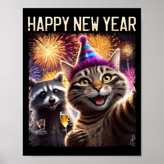 Happy New Year 2026 Cute Cat Raccoon Celebration  Poster (Voorkant)