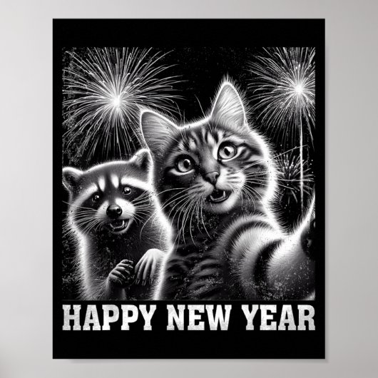 Happy New Year 2026 Cute Cat Raccoon Celebration  Poster (Voorkant)