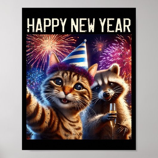 Happy New Year 2026 Cute Cat Raccoon Celebration  Poster (Voorkant)
