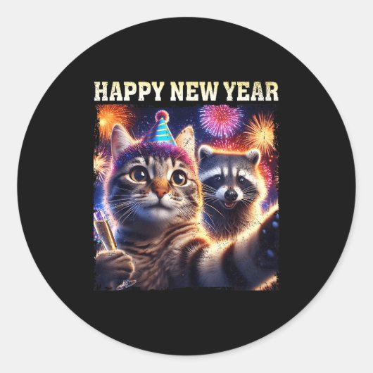 Happy New Year 2026 Cute Cat Raccoon Celebration  Ronde Sticker (Voorkant)