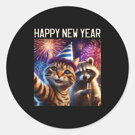 Happy New Year 2026 Cute Cat Raccoon Celebration  Ronde Sticker (Voorkant)