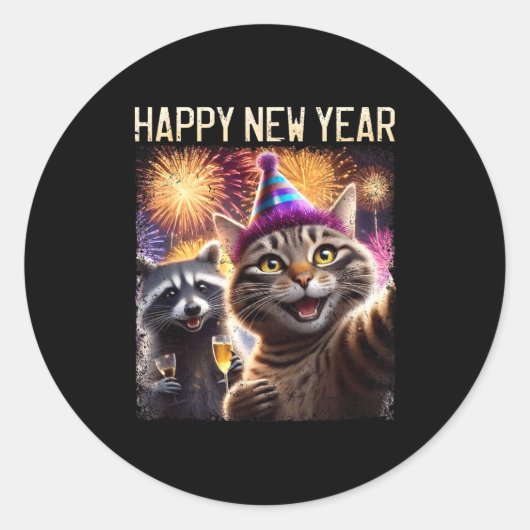 Happy New Year 2026 Cute Cat Raccoon Celebration  Ronde Sticker (Voorkant)