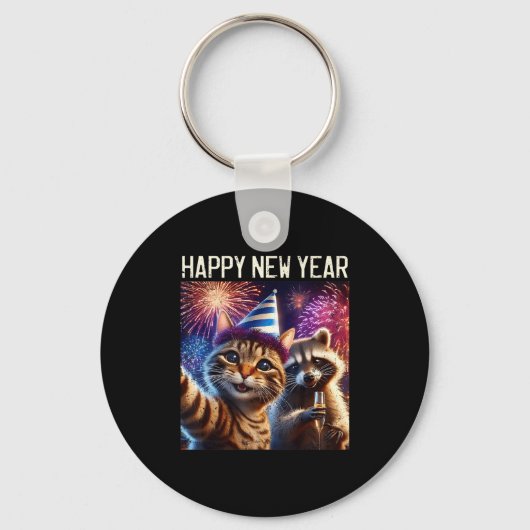 Happy New Year 2026 Cute Cat Raccoon Celebration  Sleutelhanger (Voorkant)