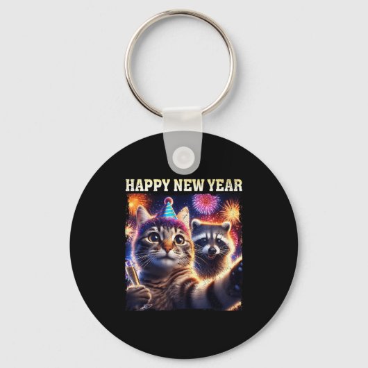 Happy New Year 2026 Cute Cat Raccoon Celebration  Sleutelhanger (Voorkant)