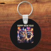 Happy New Year 2026 Cute Cat Raccoon Celebration  Sleutelhanger (Voorkant)